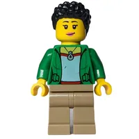 Woman, Open Green Jacket, Dark Tan Legs, Black Hair