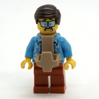 Man, Open Dark Azure Hawaiian Shirt, Dark Orange Legs, Dark Brown Hair, Baby Carrier