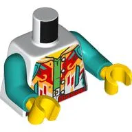 Torso, Jacket, Red/Bright Light Orange Dark Turquoise Shapes, Dragon/Monkey on Back, Bright Green Shirt print, Dark Turquoise Arms, Yellow Hands