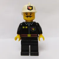 Fireman, Black Fire Jacket with Red Belt and Badge, White Helmet with Fire Logo, Moustache