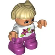 Duplo Figure Child with Side Ponytail, with Magenta Legs, White Top with Two Flowers, White Arms, Tan Hair with Side Ponytail