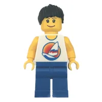 Woman, White Tank Top with Windsurfer, Blue Legs, Black Ponytail