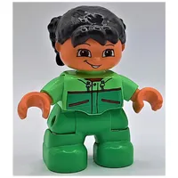 Duplo Figure Child with Pigtails Black, with Bright Green Legs, Jacket with Pockets Print
