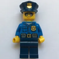 Policeman, Blue Shirt with Badge and Pouches, Dark Blue Legs, Dark Blue Police Hat with Badge, Sunglasses