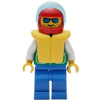 Man, Green Jacket, Blue Legs, Red Helmet with Visor, Yellow Life Vest, Blue Sunglasses