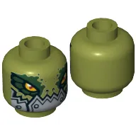 Minifig Head Crokenburg, Crocodile with Dark Green Rimmed Eyes, Metallic Silver Plates with Rivets Lower Jaw Print [Hollow Stud]
