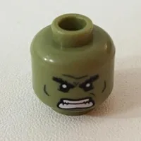 Minifig Head Hulk, Dual Sided, Bushy Eyebrows, Dark Green Lines, Raging / Scowl Print [Hollow Stud]