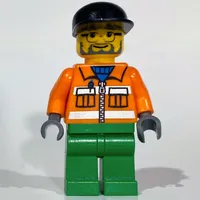 Construction Worker, Orange Jacket with Zipper and Reflective Stripes, Green Legs, Black Cap, Beard and Glasses