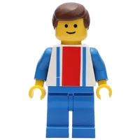Man, White Top with Large Red Stripe and 2 Blue Stripes, Blue Legs, Brown Hair