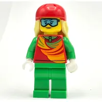 Skier, Red and Bright Green Snowsuit, Red Helmet with Hair