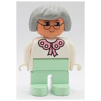 Duplo Figure, Early, Hair Bob Light Gray, Light Green Legs, Pink Lace Collar, Glasses Print