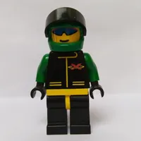 Racer, Extreme Team, Black Jacket, Black Legs, Green Helmet with Visor, Blue Sunglasses