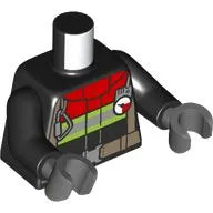 Torso Fire Jacket with Red Collar and Reflective Stripes / Fire Logo Print, Black Arms, Dark Bluish Gray Hands