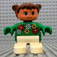 Duplo Figure, Early Child, with Pigtails Brown, White Legs, White, Red and Yellow Flowers