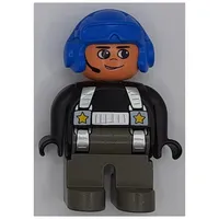 Duplo Figure, Early, Aviator Hat Blue, Dark Gray Legs, Silver Harness with Yellow Stars Print