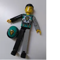 Technic Figure Black/Light Gray Legs, Dark Turquoise Torso with Yellow, Black, Silver Print, Light Gray Mechanical Left Arm - Printed Helmet