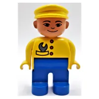 Duplo Figure, Early, with Flat Cap Yellow, Blue Legs, Wrench in Pocket and Buttons, East Asian Eyes Print