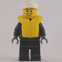 Policeman, Black Jacket with Zipper, Radio, Badge, and 'POLICE' on Back, White Cap, Yellow Life Vest