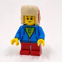 Boy, Open Dark Azure Hoodie with Zipper, Short Red Legs, Red Ushanka Hat