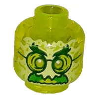 Minifig Head Ghost, with Yellowish Green Face, Bushy Eyebrows, Glasses, Angry and Flames in Back Print