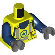 Torso, Safety Vest, Silver Stripes, Pockets, Blue Star Symbol print, Dark Blue Arms, Dark Bluish Gray Hands