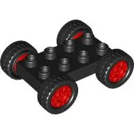 Duplo Car Base 2 x 4 with Fixed Axles - 27.5 Black Tires & Red Wheels