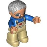 Duplo Figure with Parted Wavy Hair Gray, with Tan Legs, Blue Top with White Overall Bib