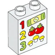 Duplo Brick 1 x 2 x 2 with Red '1', Yellow '2', Lime '3', Groceries print