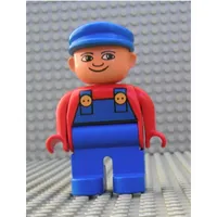 Duplo Figure, Early, with Flat Cap Blue, Blue Legs, Blue Overalls, Turned Down Nose Print