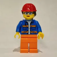 Construction Worker, Blue Jacket, Orange Legs, Red Helmet