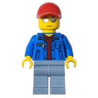 Man, Open Blue Jacket over Dark Red Shirt, Sand Blue Legs, Red Cap, Silver Sunglasses