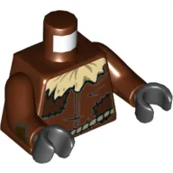 Torso Tunic, Tan Straw at Neck, Dark Brown Patches, Dark Tan Rope Belt Print (Scarecrow), Reddish Brown Arms with Dark Brown Patches, Black Hands