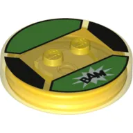 Function Brick Round 4 x 4 x 2/3 with 2 Studs and "BAM" on Bright Light Blue Background Print