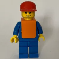 Ground Crew, Blue Suit with Tie and Plane Logo, Red Cap, Orange Vest, Stubble