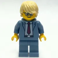 Man, Sand Blue Suit with Red Tie, Tan Hair, Glasses