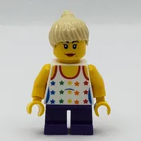 Girl, Tank Top with Rainbow Colored Stars, Short Dark Purple Legs, Tan Hair