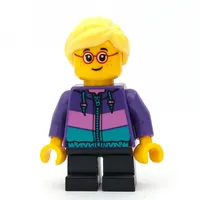 Girl, Dark Purple Jacket, Short Black Legs, Bright Light Yellow Hair