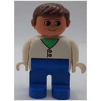 Duplo Figure, Early, with Short Parted Hair Brown, Blue Legs, Cardigan with 2 Buttons and Medium Green Neck Print