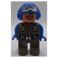 Duplo Figure, Early, Aviator Hat Blue with Silver Visor, Dark Gray Legs, Dark Gray Jumpsuit, Blue Arms Print (Action Wheeler)
