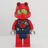 Diver, Woman, Red and Dark Blue Wetsuit with Straps and Gauges, Red Diving Helmet, Airtanks