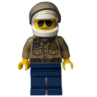 Forest Police / Ranger, Dark Tan Shirt with Radio and Badge, Dark Blue Legs, White Helmet with Visor, Sunglasses