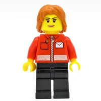 Postal Worker, Woman, Red Jacket with Zipper and Letter Logo, Black Legs, Dark Orange Hair