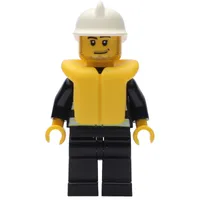 Fireman, Black Fire Jacket with Reflective Stripes, Radio, and Badge, White Helmet, Yellow Life Vest 2610, Stubble