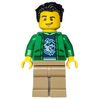 Man, Open Green Jacket, Dark Tan Legs, Black Hair