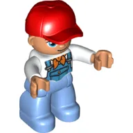 Duplo Figure with Cap Red, with White Shirt and Orange Bandana (Scarf) under Blue Coveralls - Medium Blue Legs
