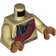 Torso Buckskin Tunic with American Indian Hair Pipe Bead Chest Plate, Dark Red Wrap and Blue Necklace Print, Tan Arms, Medium Nougat Hands