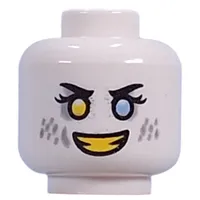 Minifig Head Dizzy, Yellow Left, Bright Light Blue Right Eye, Light Bluish Grey Eyeshadow, Spots, Yellow Teeth, Mean Smile/Angry Grin
