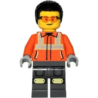 Construction Worker, Reddish Orange Jacket, Black Hair