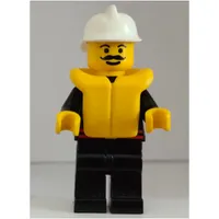Fireman, Black Fire Jacket with Red Belt and Badge, White Helmet, Yellow Life Vest, Moustache