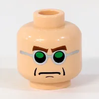 Minifig Head Dr Octopus (Doc Ock), Green and Silver Glasses, Brown Arched Eyebrows, Frown Print